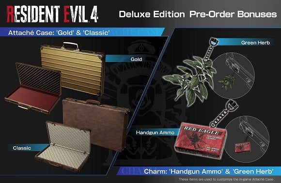 Resident Evil 4 Deluxe Edition Pre-Order Bonuses on Steam, showing the gold attaché case, classic attaché case, green herb weapon charm, and handgun ammo weapon charm.