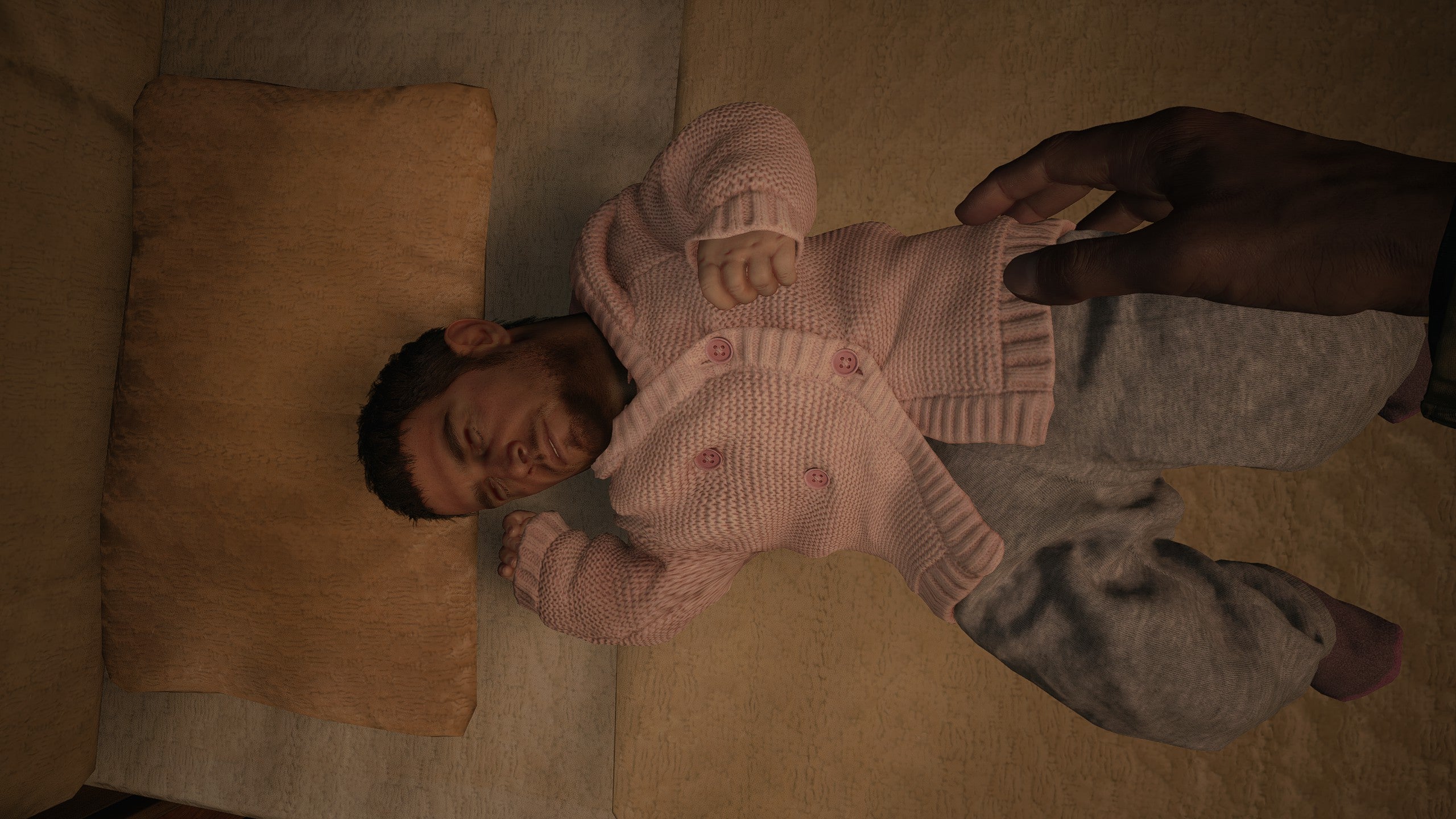Resident Evil Village mod - A baby laying in a crib wearing a pink sweater has the face of adult Chris Redfield.