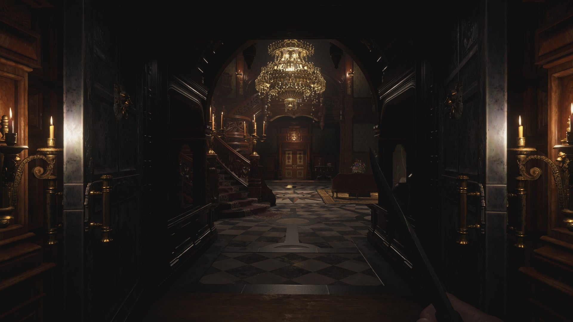 The grand staircase in Castle Dimitrescu in Resident Evil Village with ray tracing switched off