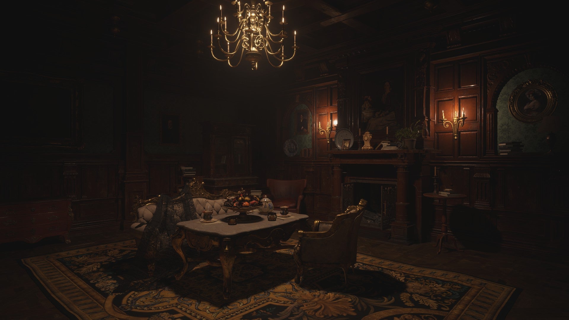 An ornate sitting room in Castle Dimitrescu in Resident Evil Village with ray tracing switched off