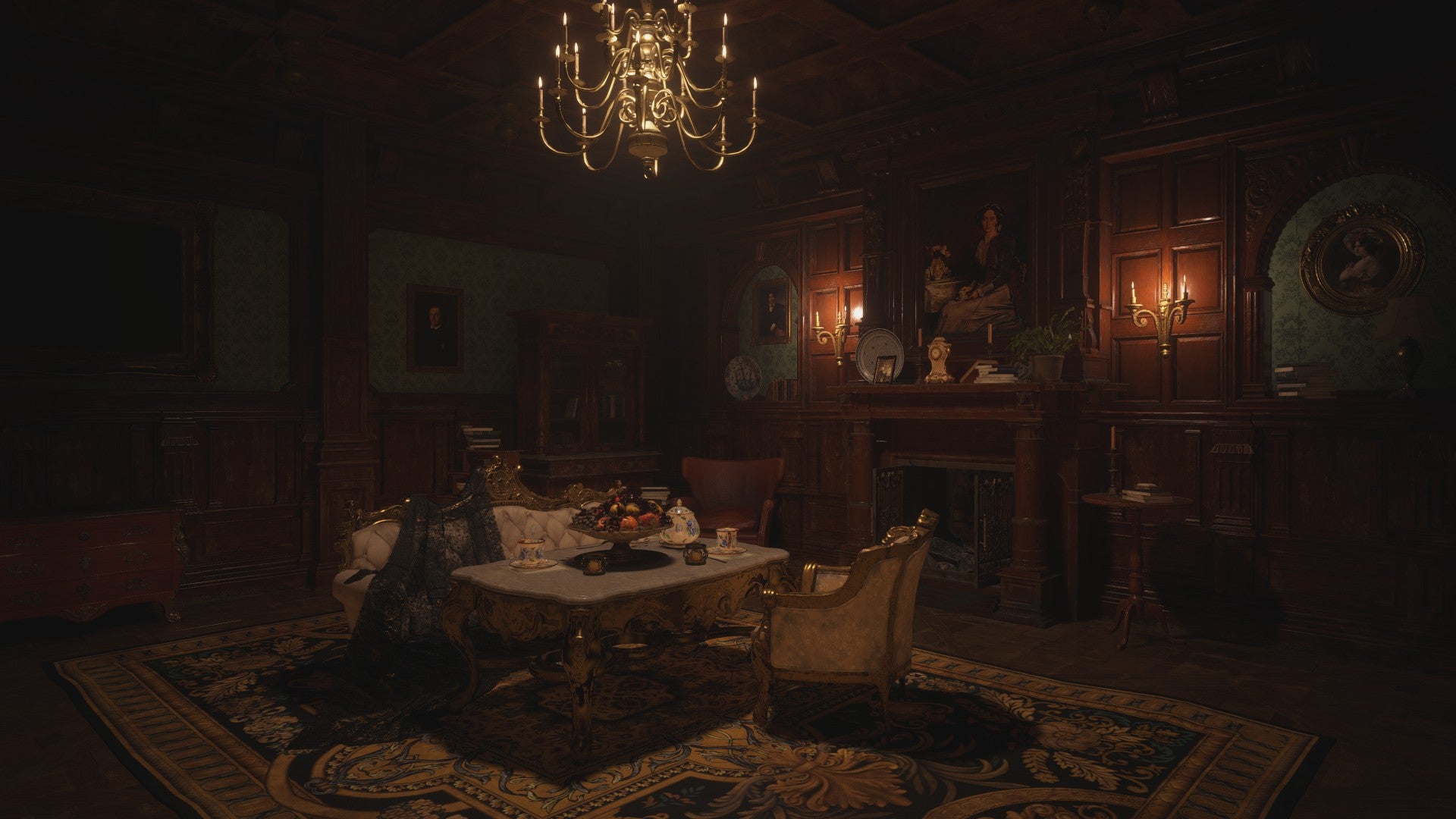 An ornate sitting room in Castle Dimitrescu in Resident Evil Village with ray tracing switched on