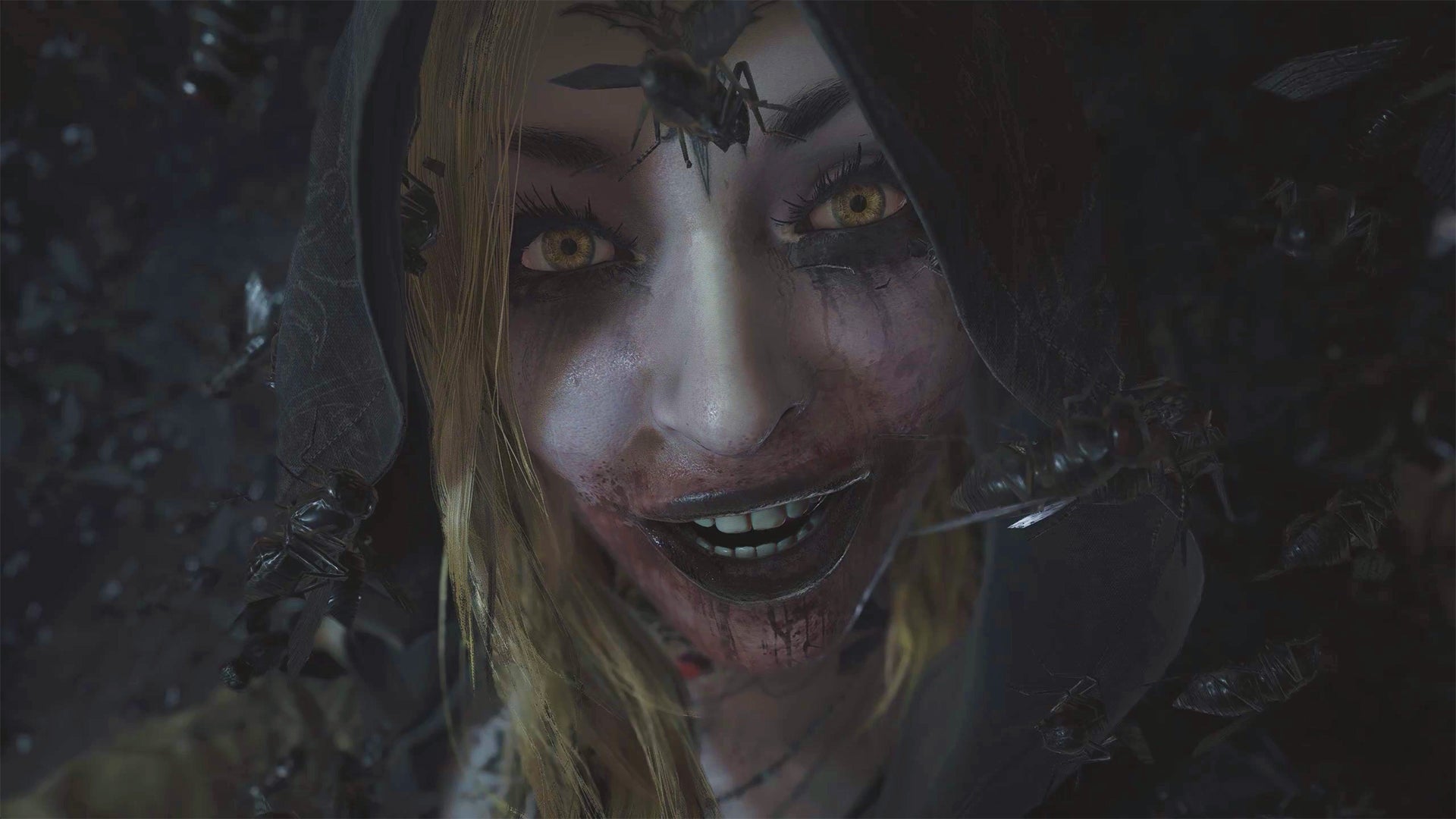 A close-up of one of Lady Dimitrescu's daughters from Resident Evil Village, with bugs flying all around her