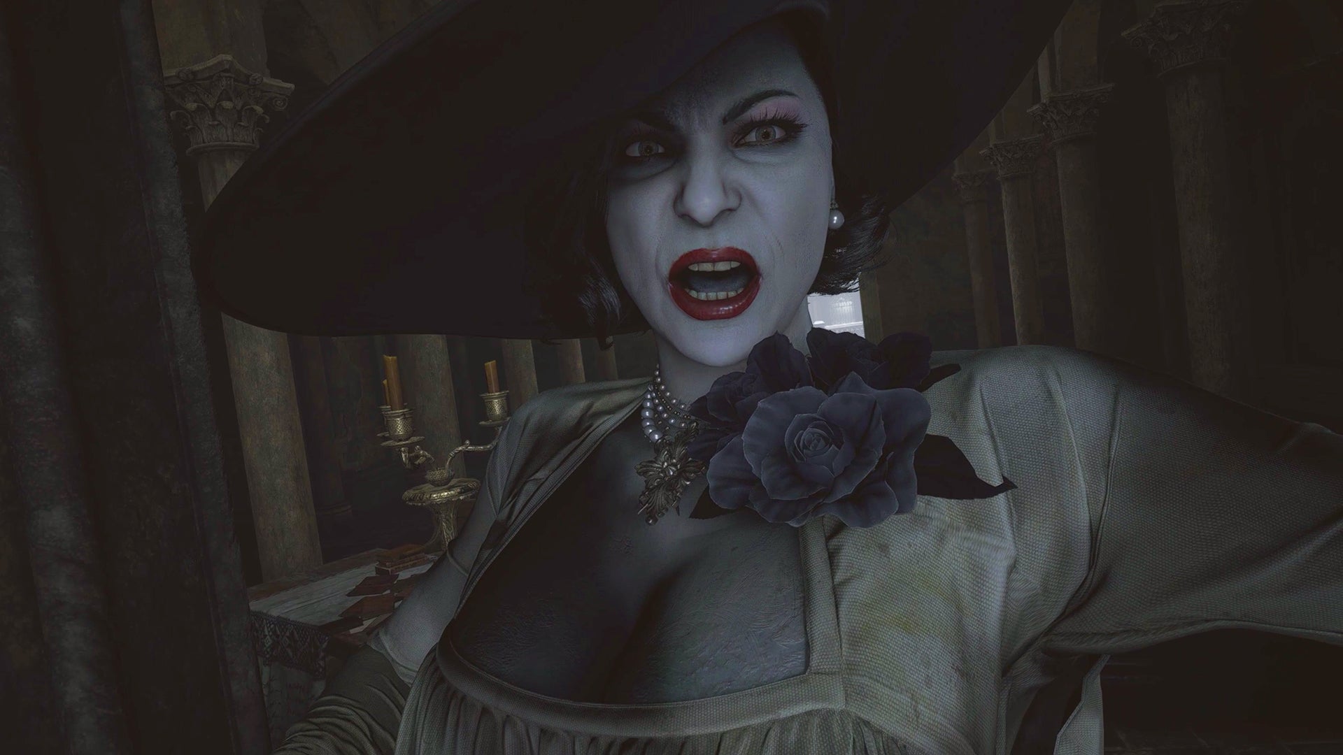 Lady Dimitrescu of Resident Evil Village looking very angry