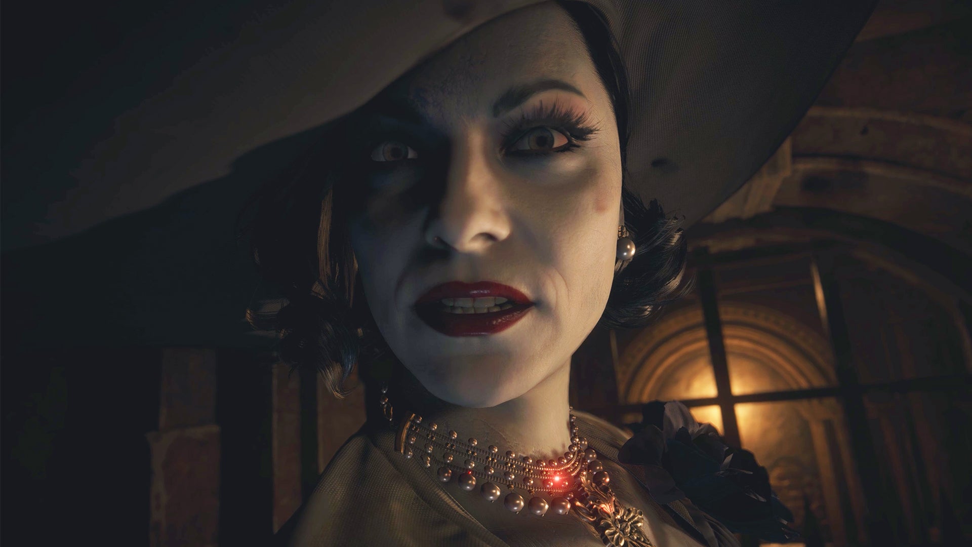 An extreme close-up of Lady Dimitrescu from Resident Evil Village
