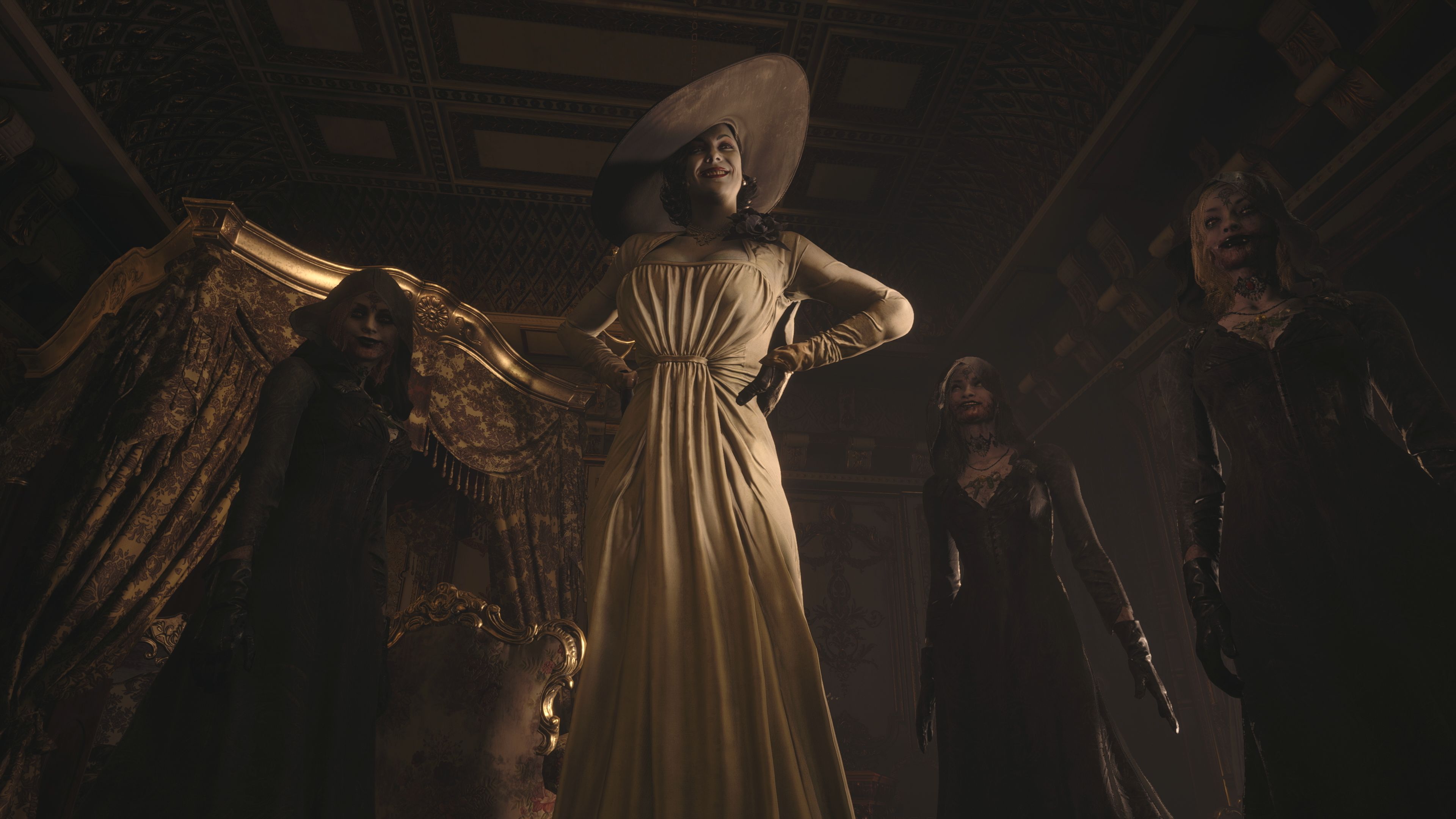 Lady Dimitrescu and her three daughters in a Resident Evil Village screenshot.