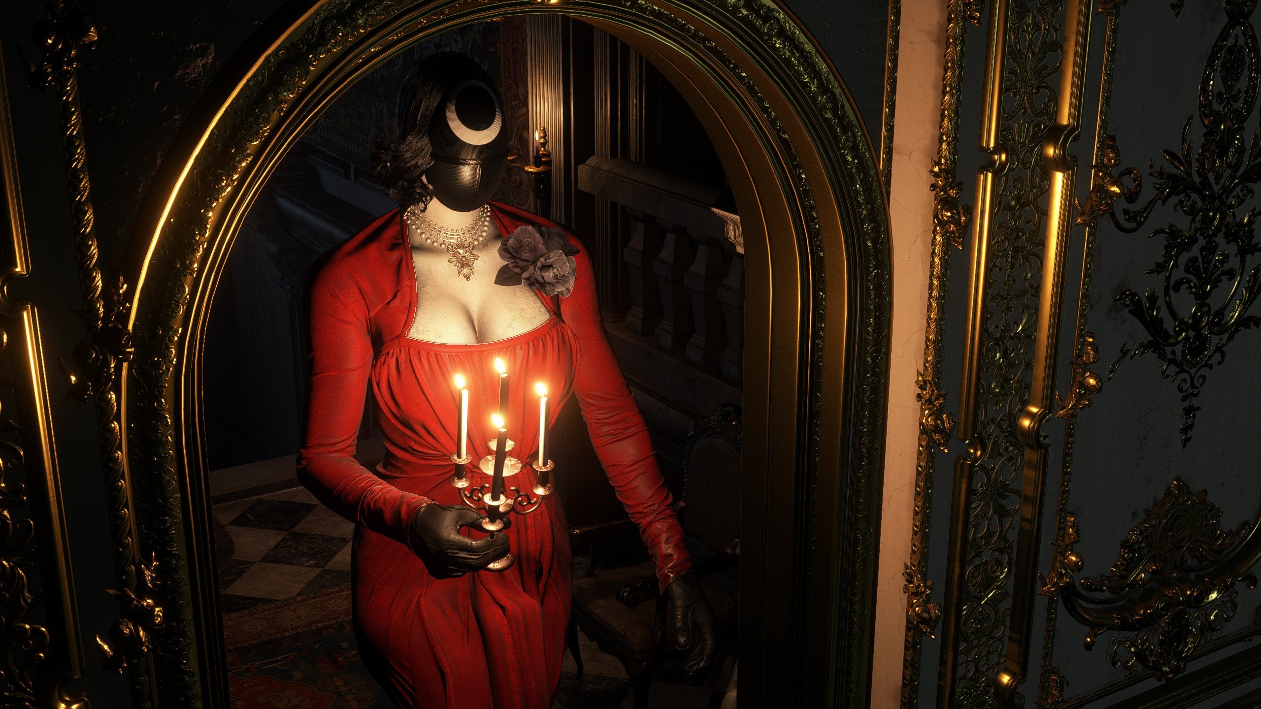 Lady Dimitrescu walks through the castle in her Squid Game costume mod in Resident Evil Village