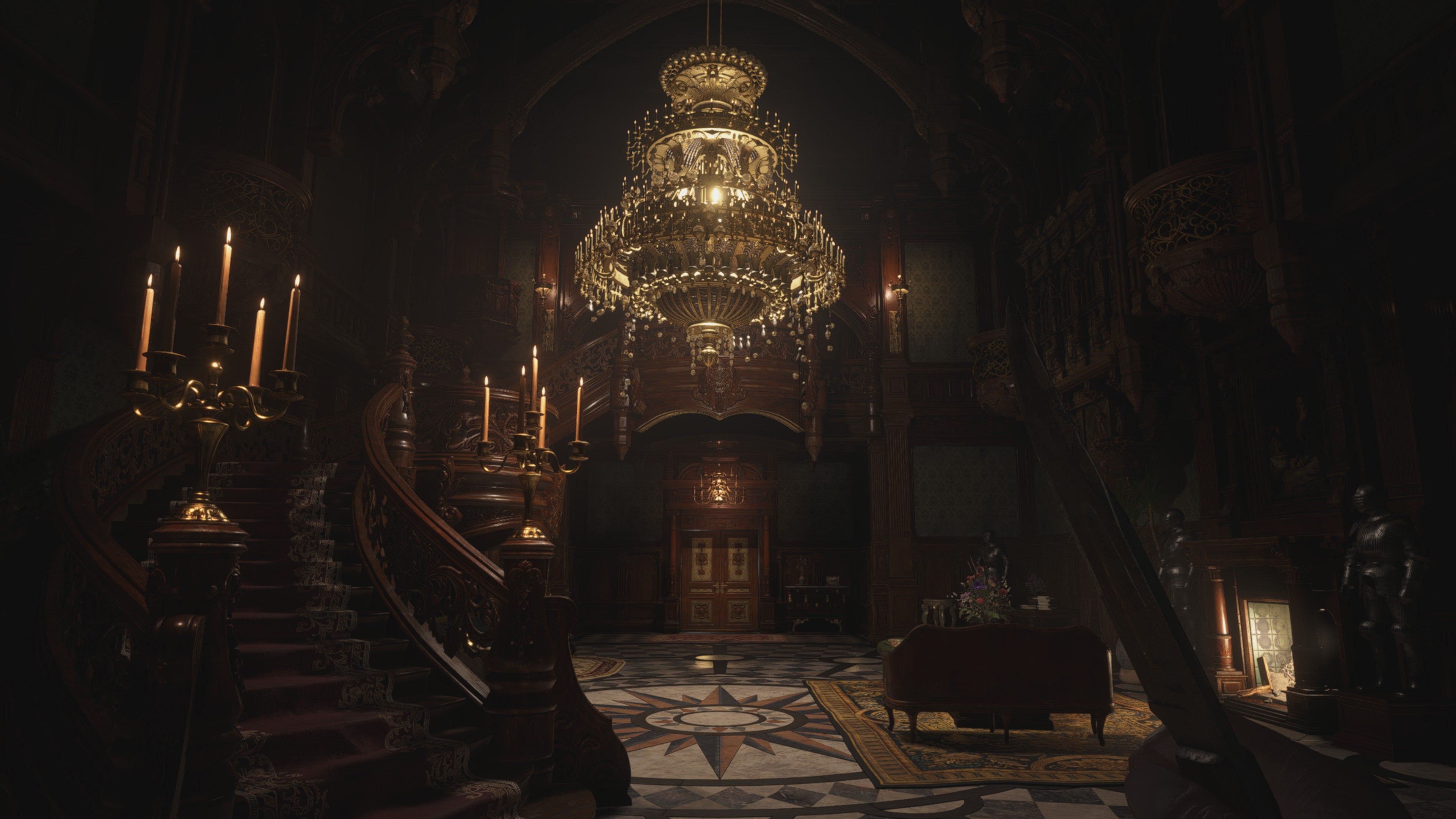 A screenshot of Castle Dimitrescu's interior on Resident Evil Village's Max preset