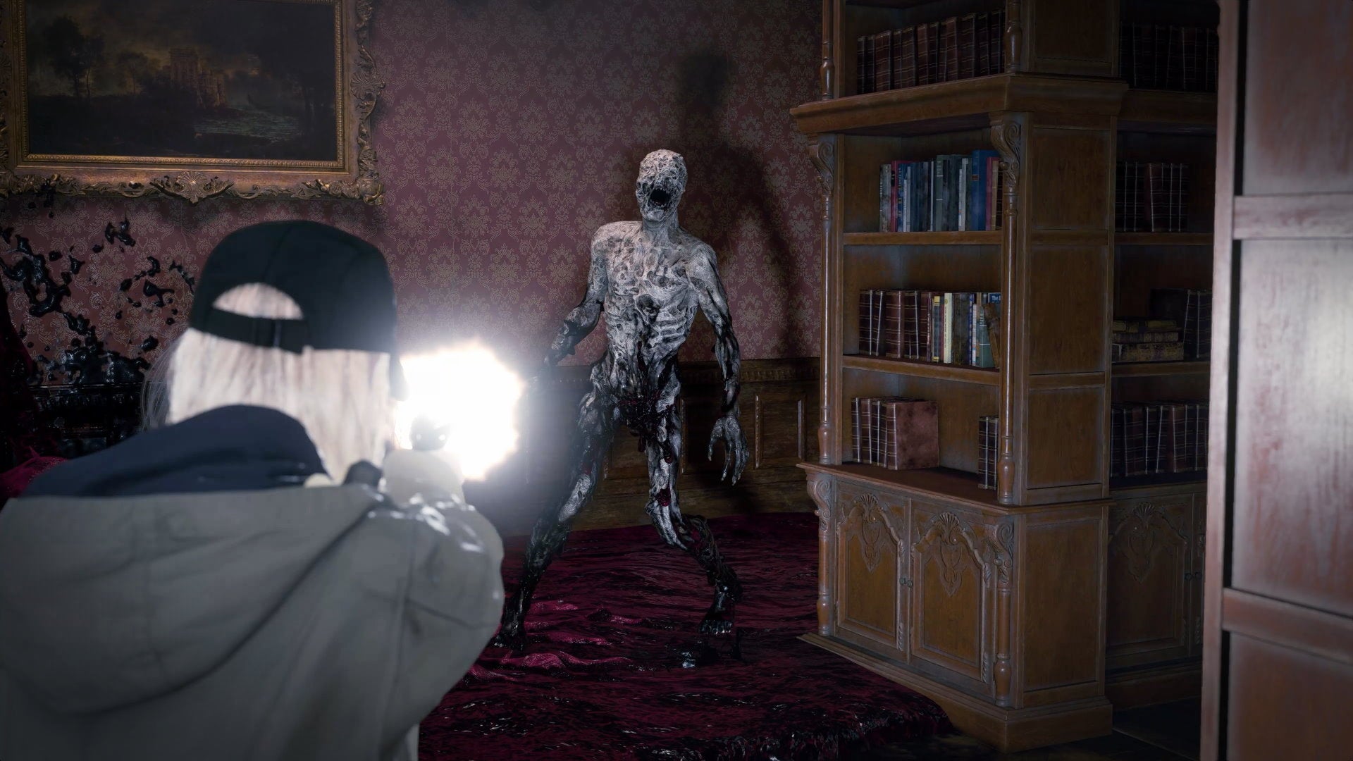 Rose shoots a gun at a prank man in a library in the Shadows Of Rose DLC in Resident Evil Village