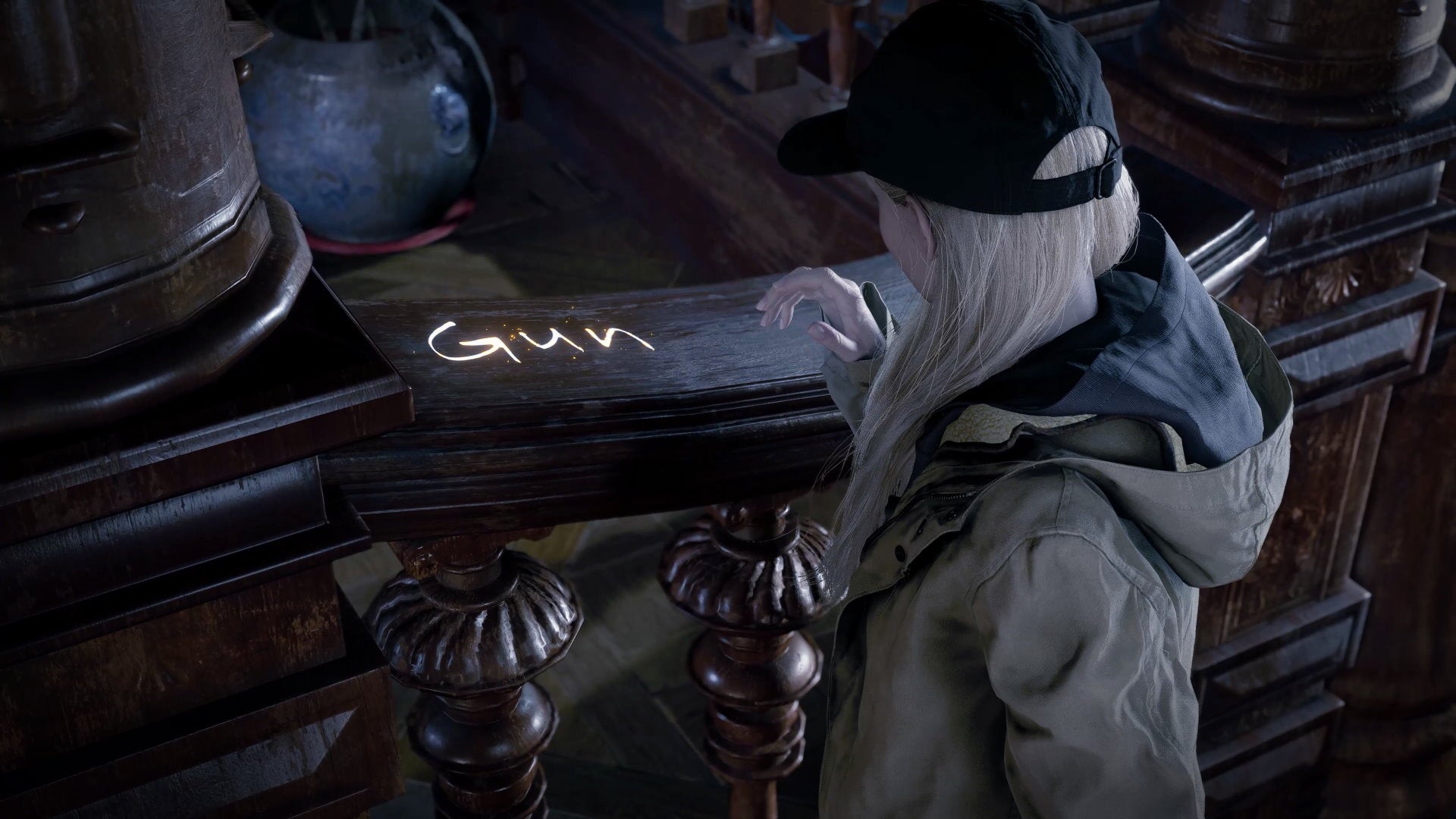 Rose looks at a bannister with the word 'gun' written on it in glowing letters in Resident Evil Village's Shadows Of Rose DLC