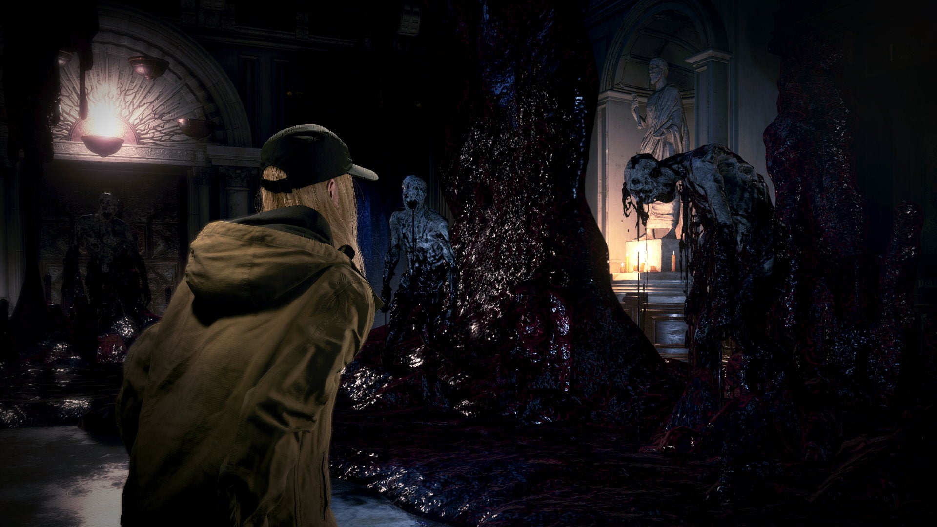Rose stares at two mold men glooping out of some gungey walls in Resident Evil Village's Shadows Of Rose DLC