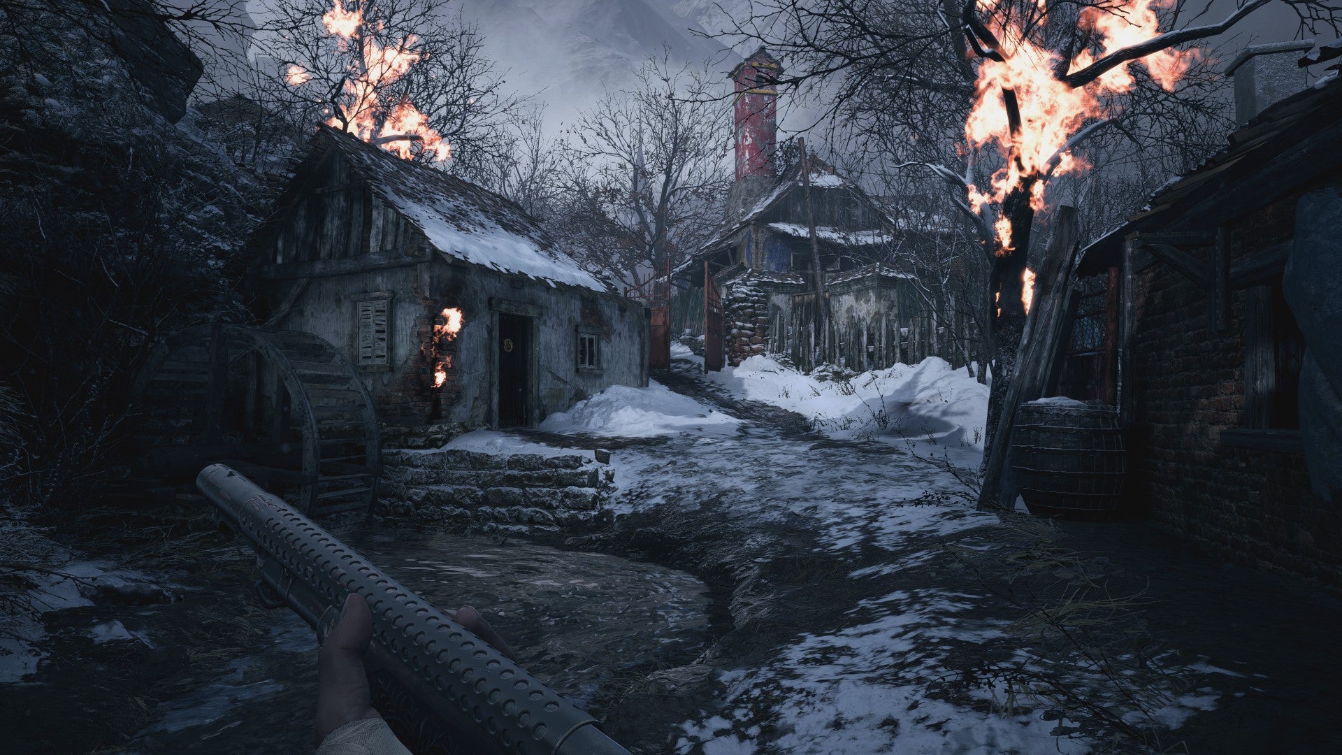 A burning house and tree near a river in Resident Evil Village with ray tracing switched off