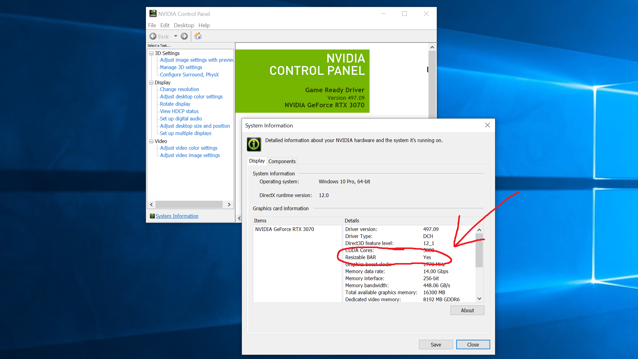 A screenshot of Nvidia Control Panel. Resizable BAR is highlighted, showing that it's enabled.