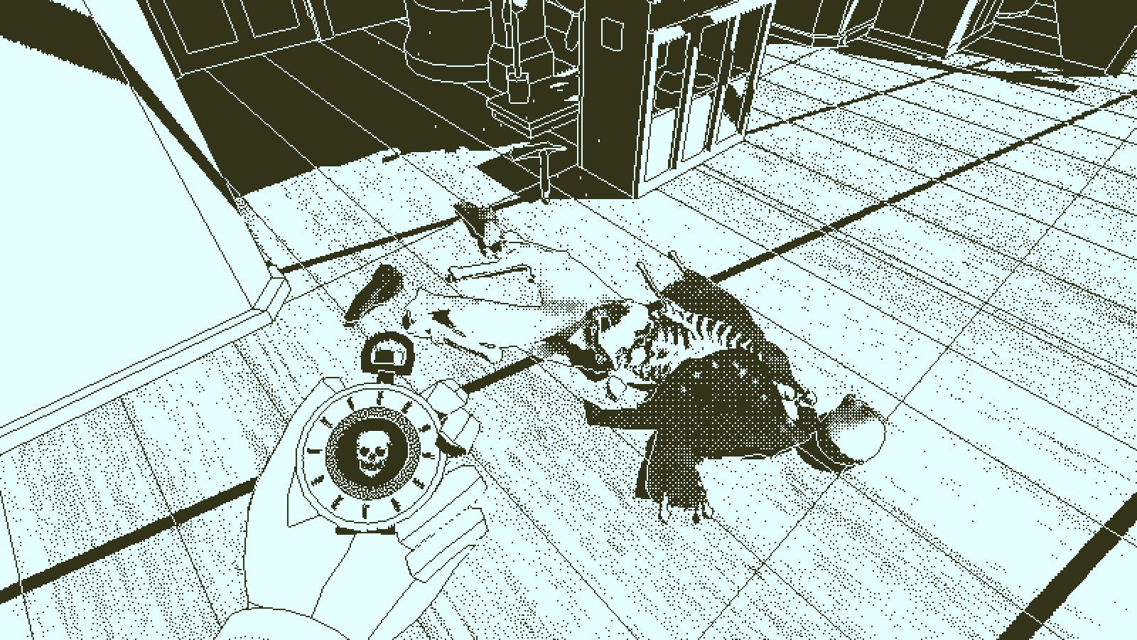 Looking at a skeleton in a screenshot from Return of the Obra Dinn.