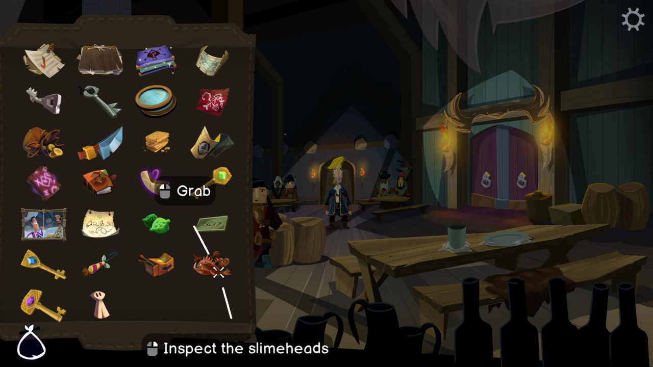Guybrush se encuentra en el ayuntamiento de Brrr-Muda en Return To Monkey Island, mirando los variados contenidos de su inventario.