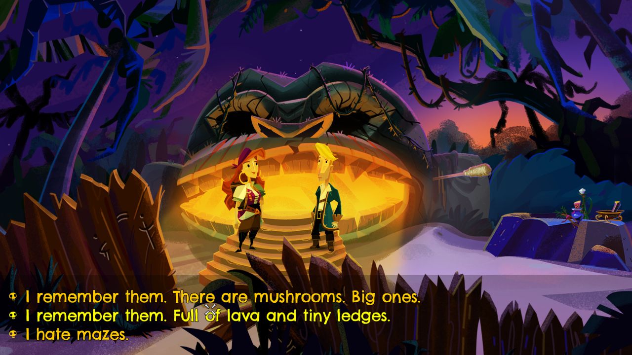 Elaine and Guybrush stand by a giant monkey head and reminisce in Return To Monkey Island