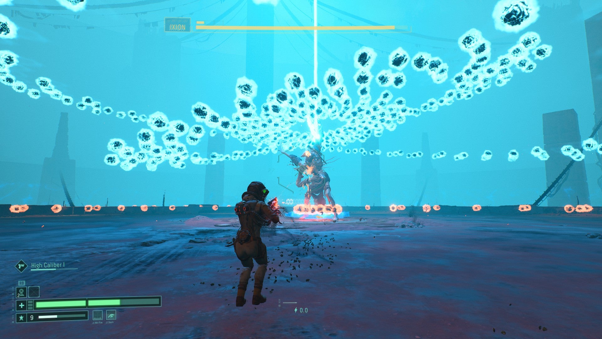 A screenshot showing a Returnal boss firing a bullet hell of blue orbs.