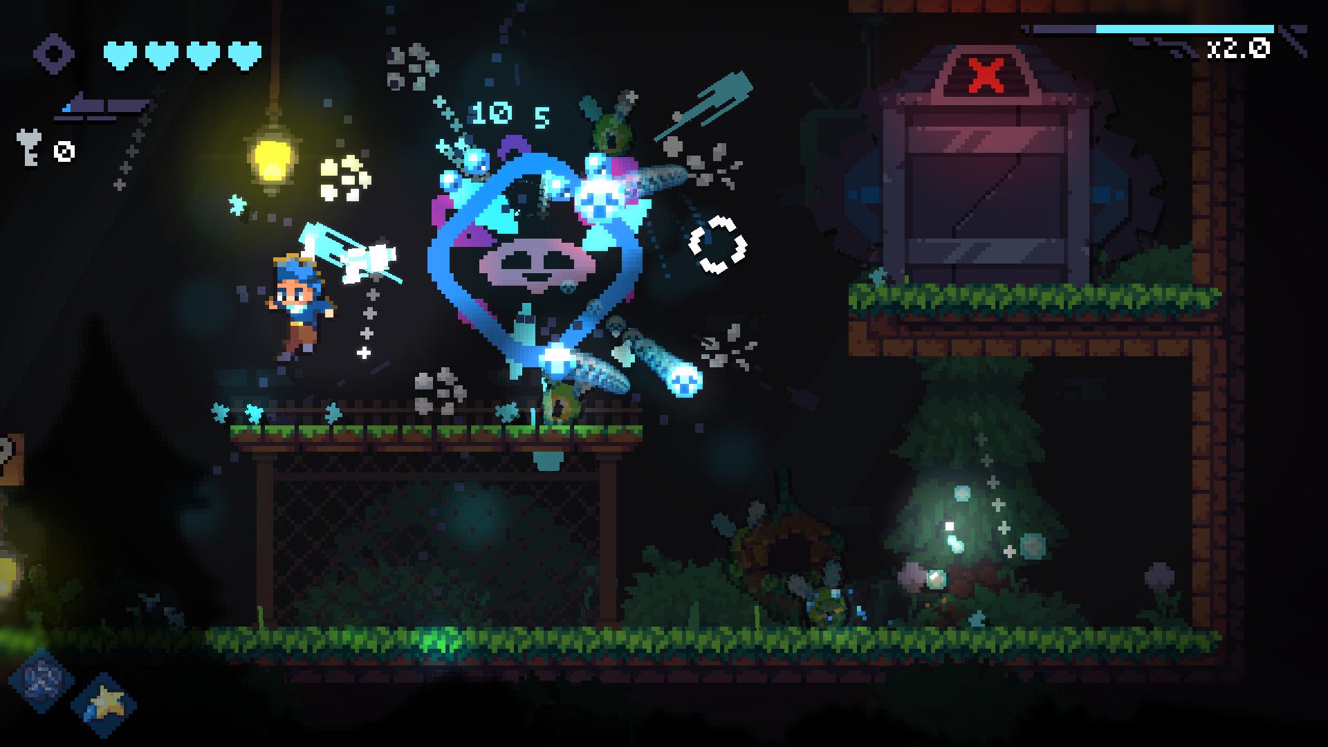 A screenshot of Revita, an action roguelike, showing the character surrounded by various blue glowing status effects and projectiles.