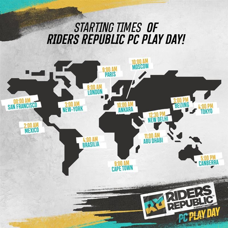 A map of when the Riders Republic PC Play Day starts around the world.