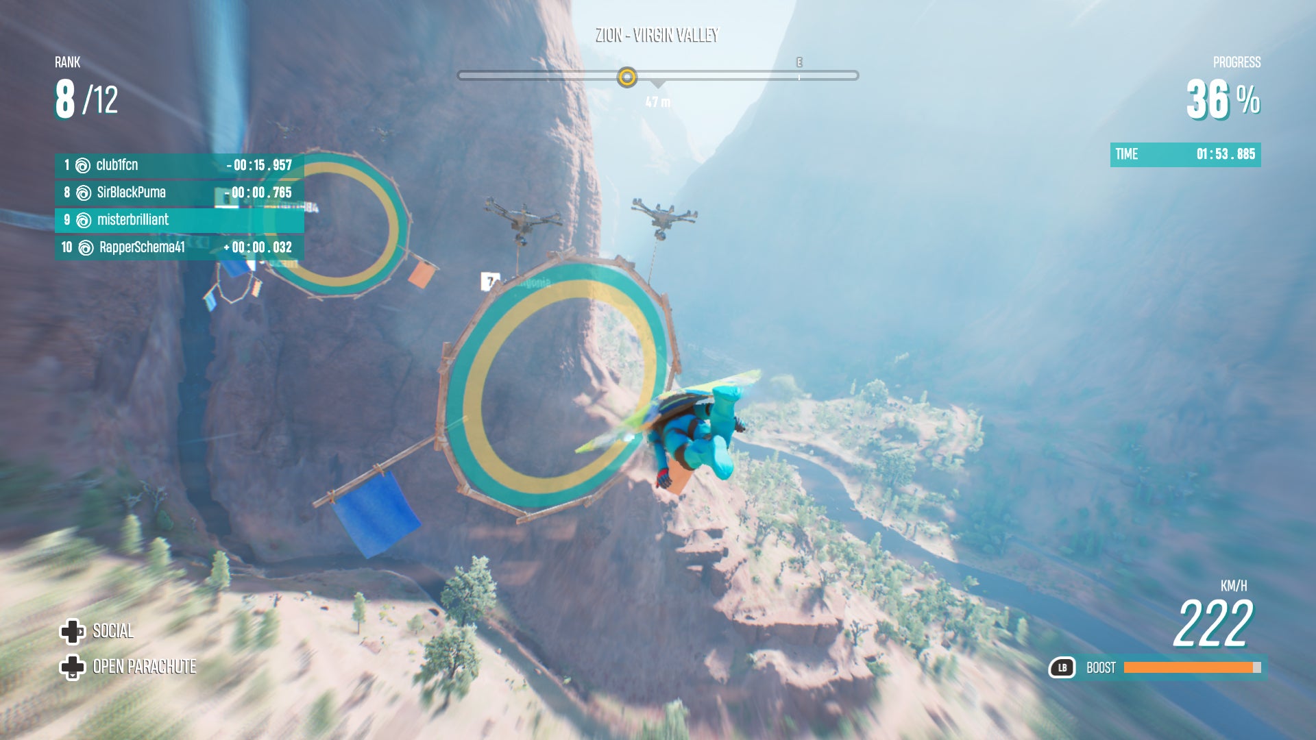 A man in a wingsuit flies through rings in Riders Republic