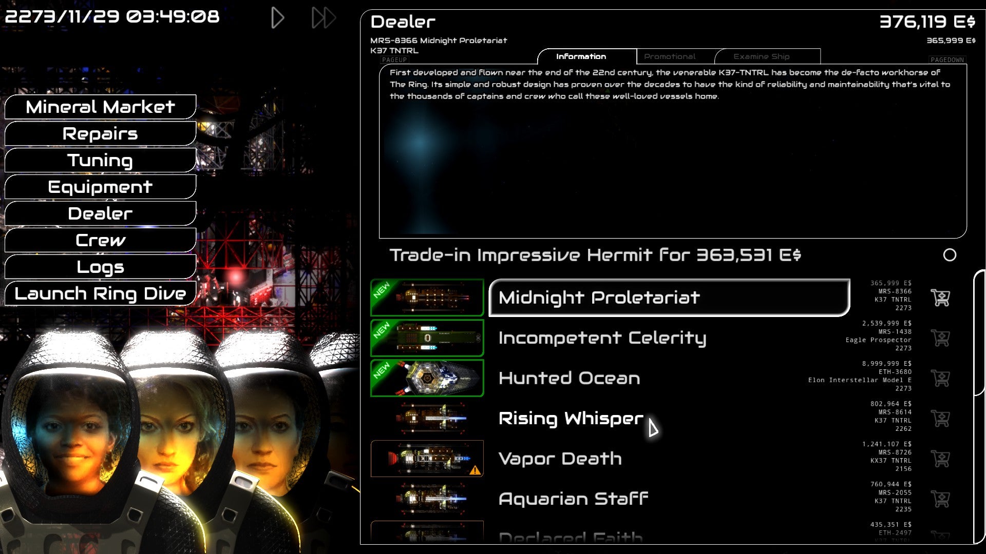 A trading screen in Rings Of Saturn, the three traders' faces in their spacesuits in the bottom left