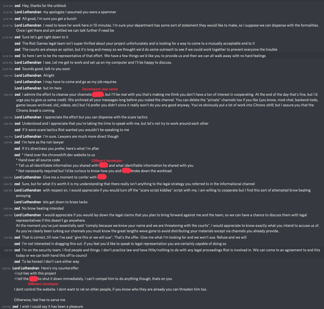 An image showing an alleged Discord conversation between a Riot staffer and one of the developers of a League Of Legends legacy server.