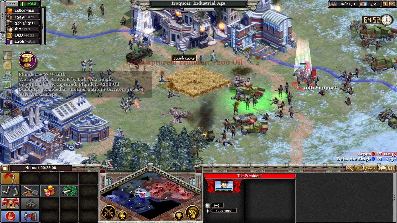 A squadron of enemy-controlled infantry attack the player's town in a game of Rise Of Nations (which has reached the industrial age)