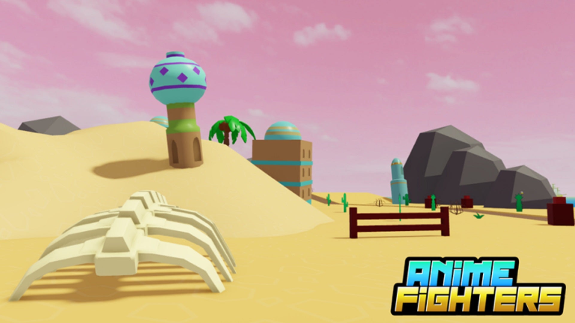 One of the locations from Anime Fighters Simulator: a desert biome with the ribcage of a giant animal in the foreground, and some large rocks and sci-fi looking buildings in the background beneath a pink sky.
