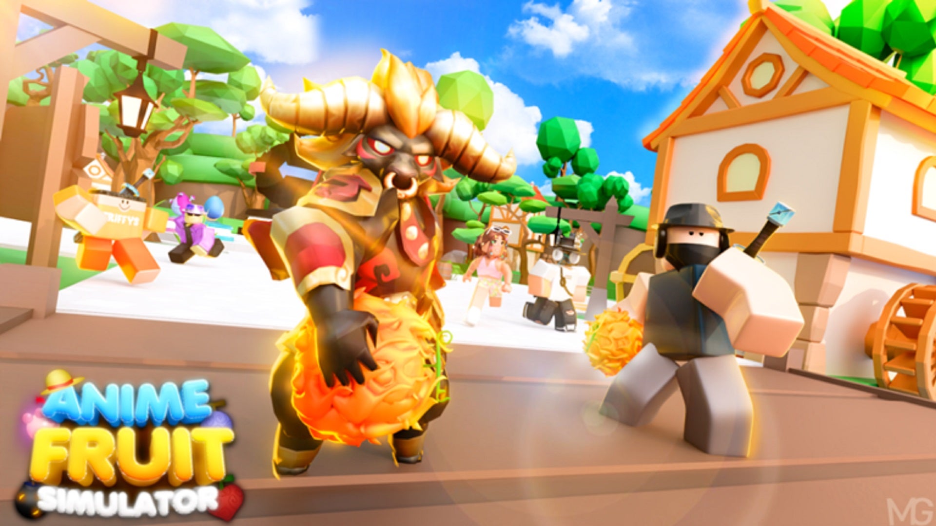 A Roblox character and a bull-headed humanoid strike dramatic poses against the backdrop of a brightly coloured village. The Anime Fruit Simulator logo is visible in the image's lower left-hand corner.