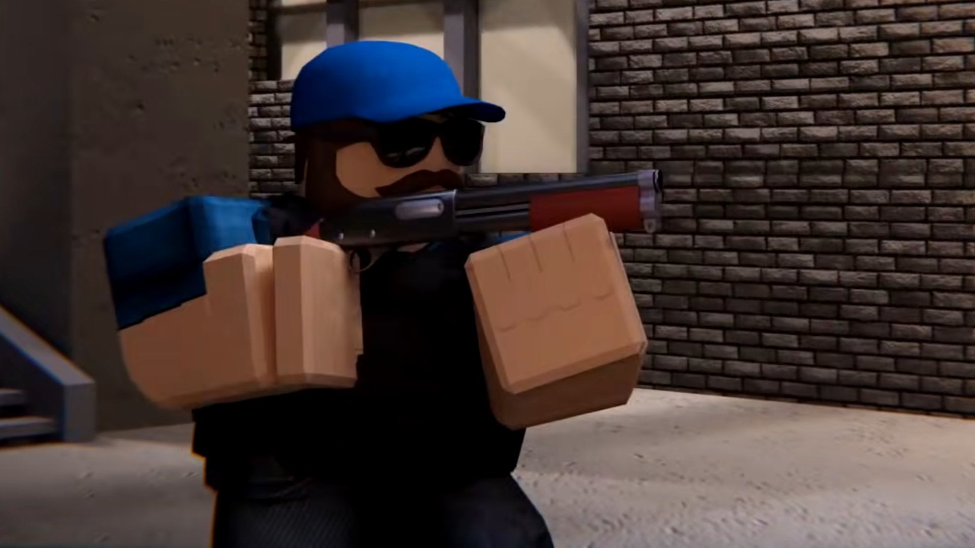 A screenshot from a trailer for Arsenal, a Roblox shooter game, showing a character holding a shotgun.