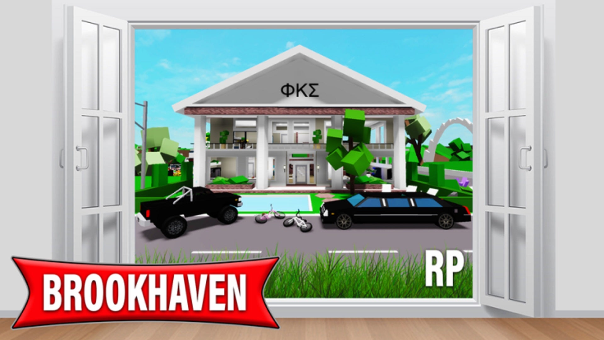The exterior of a Greek House surrounded by luxury vehicles in Roblox - Brookhaven RP.