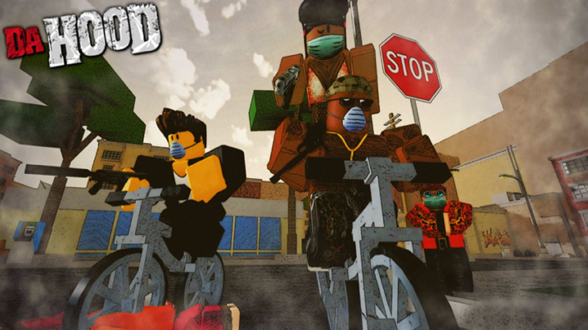 Three surgical-masked Roblox characters ride bikes through an urban street in the banner for Roblox experience Da Hood.