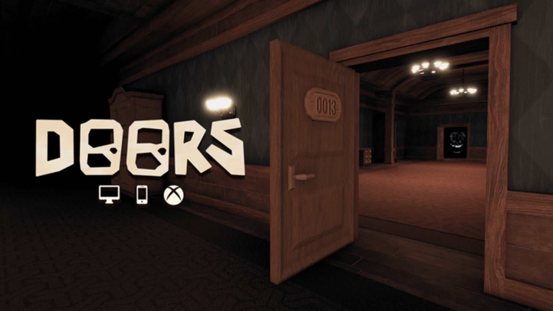 A hotel room numbered 013 stands ominously open in the banner image for the Roblox game Doors.