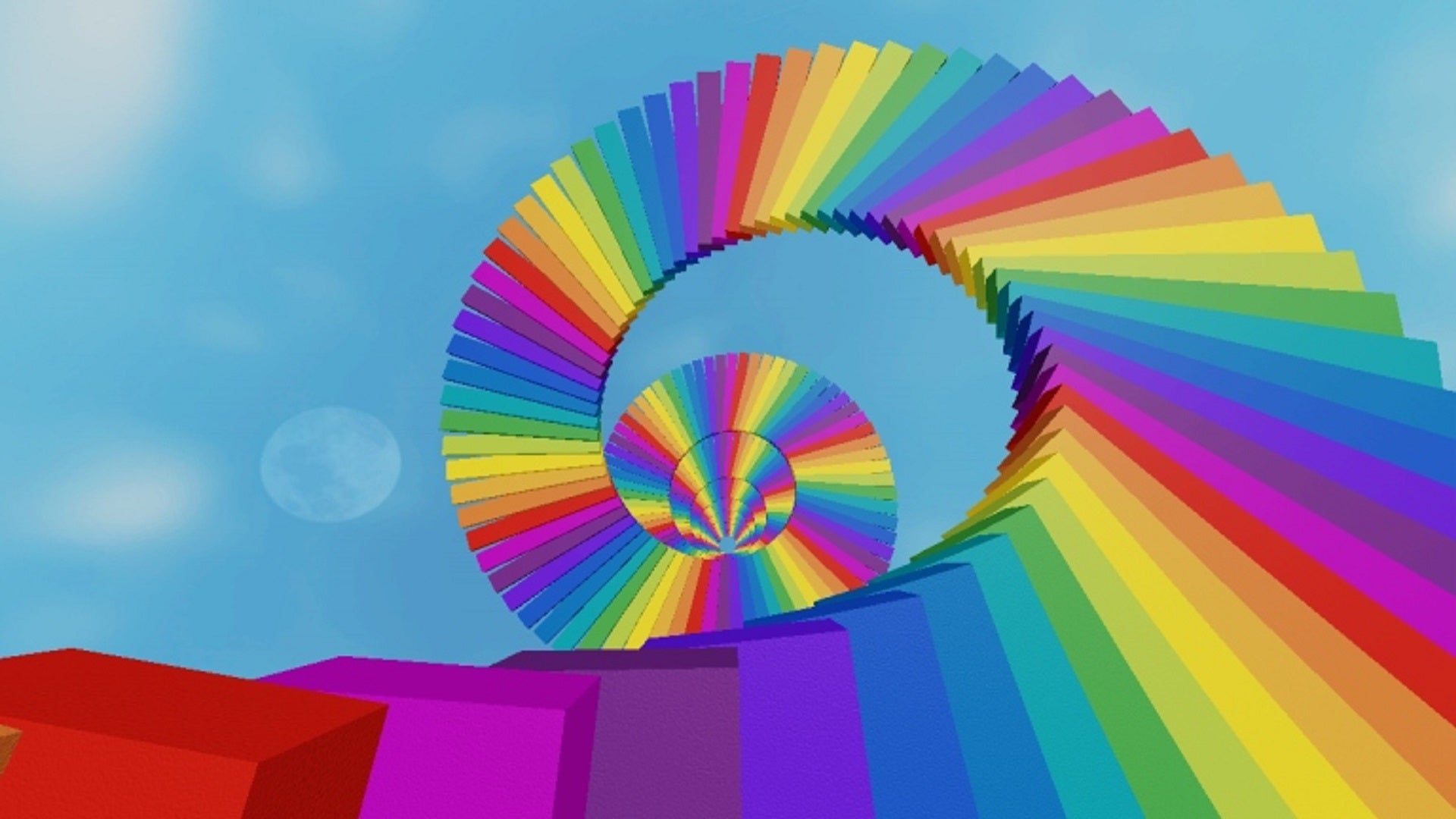 A brightly coloured rainbow staircase swirls up into the sky.