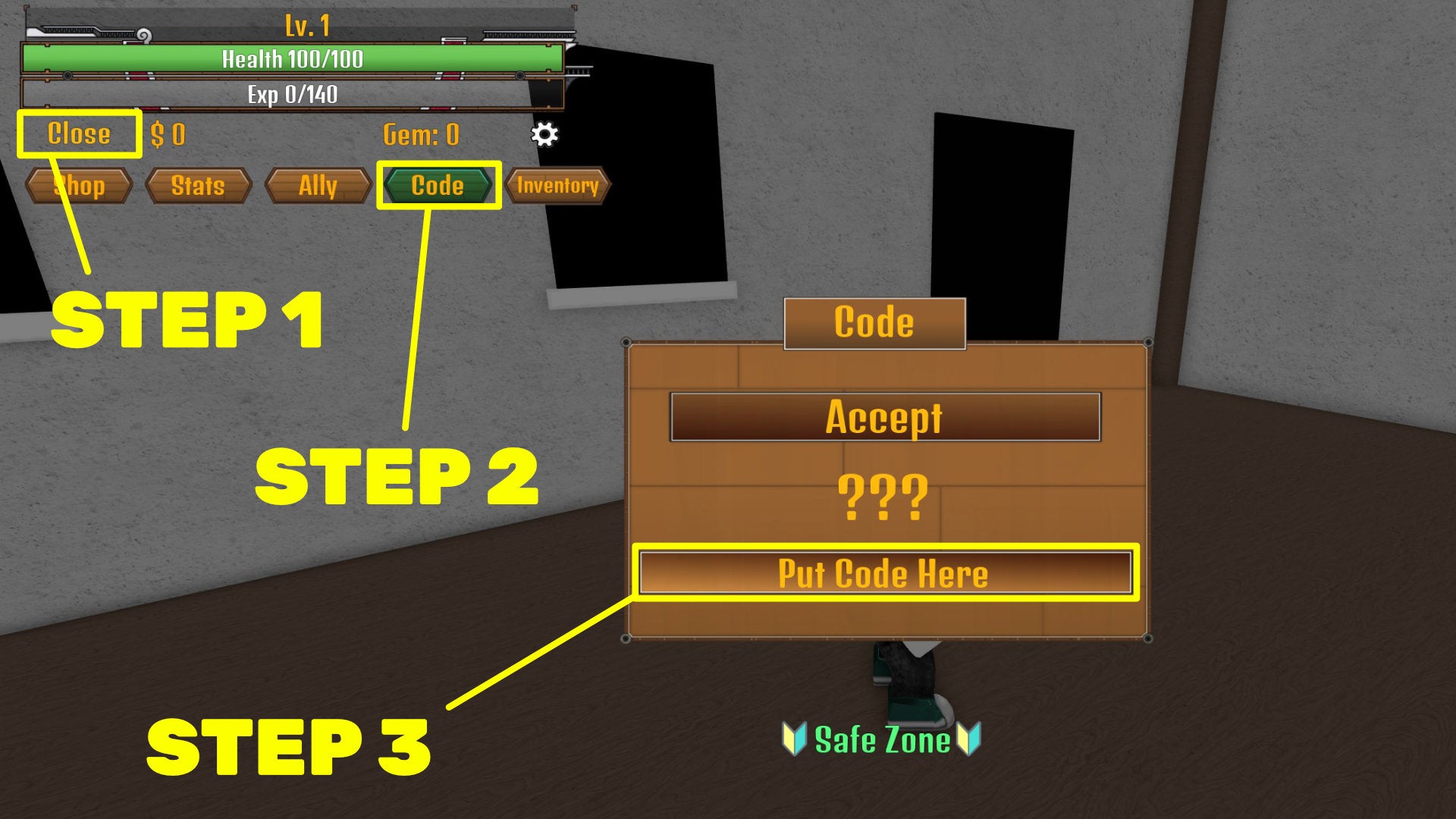 Uma captura de tela do jogo Roblox King Legacy, ou King Piece, destacando as etapas necessárias para resgatar códigos.