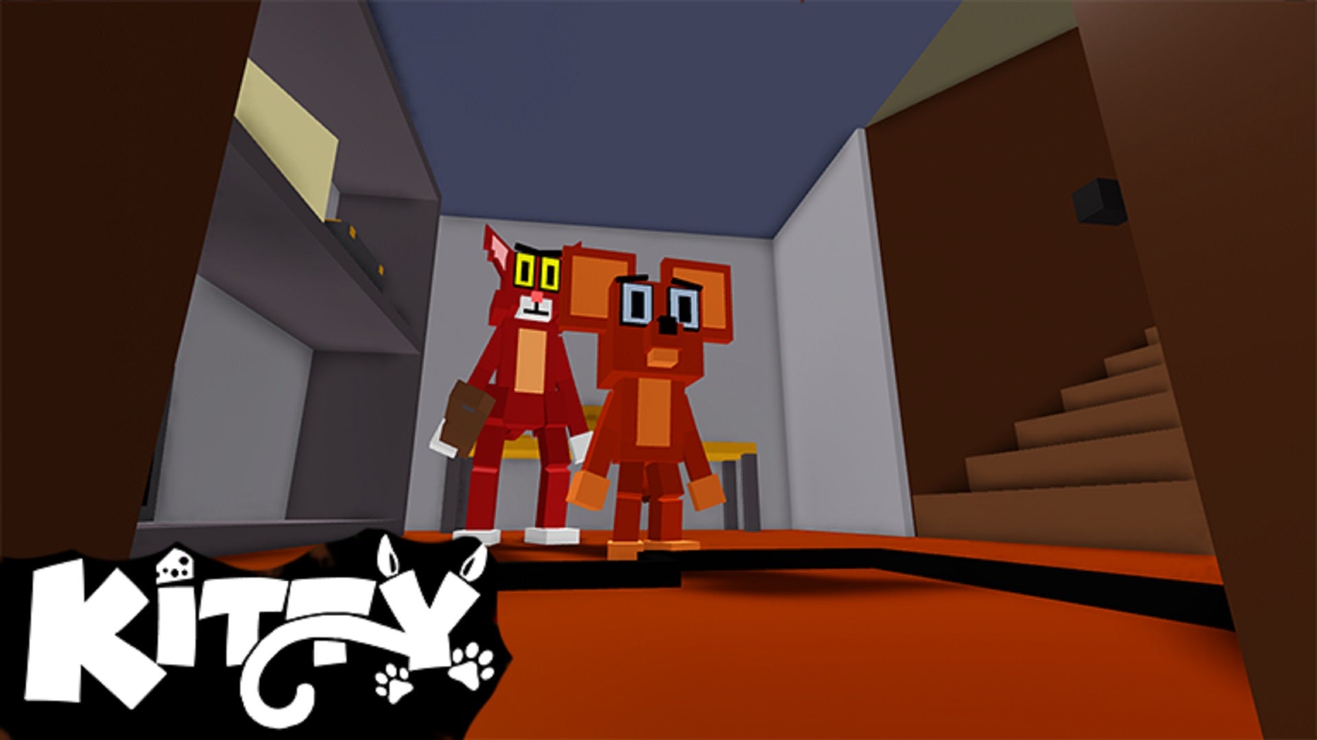 A Roblox-styled cat and mouse standing in the hallway of a house.