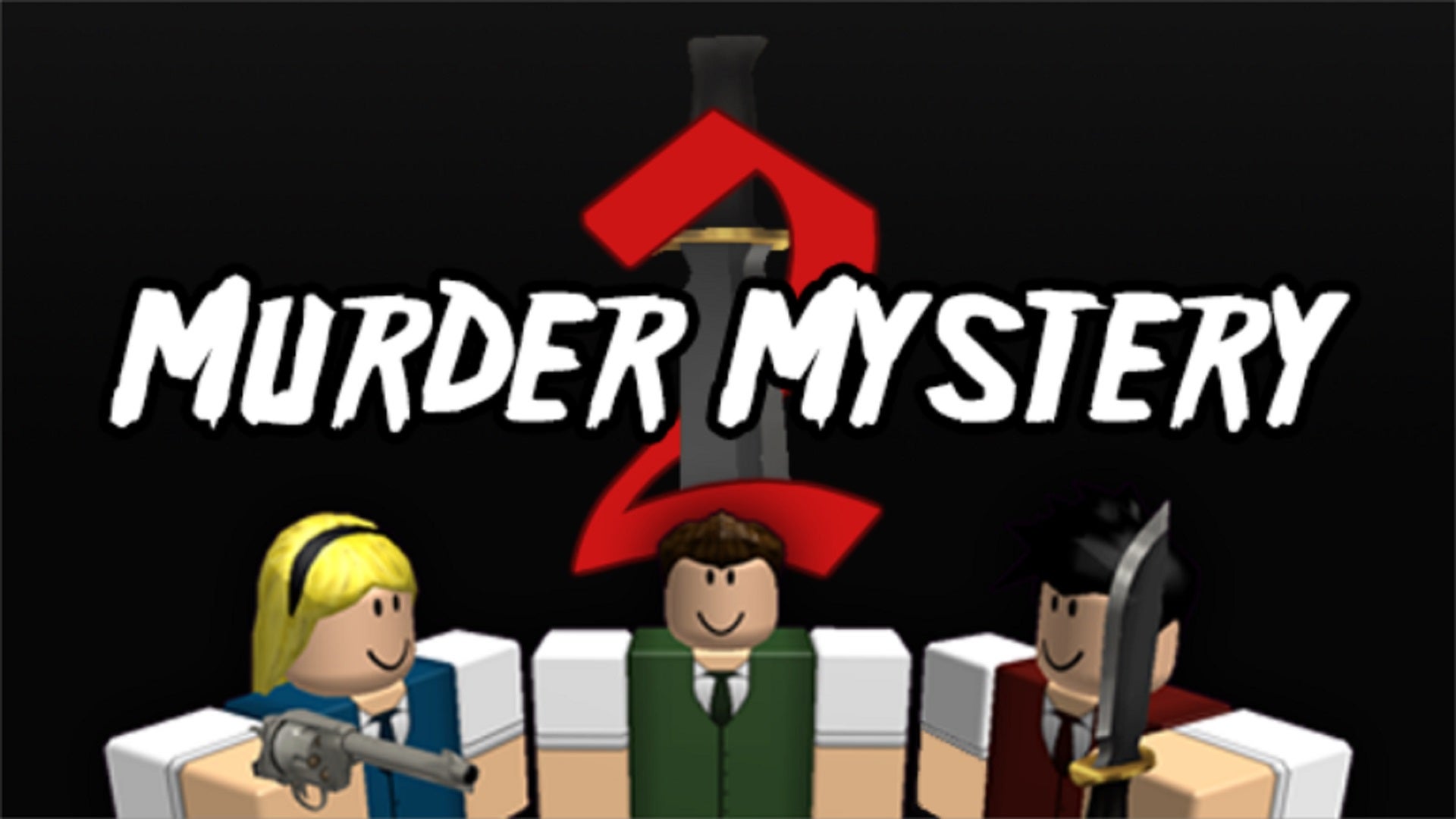 Three Roblox figures, two armed with a gun and a knife. A stylised sword in the background intertwines with text reading "Murder Mystery 2".
