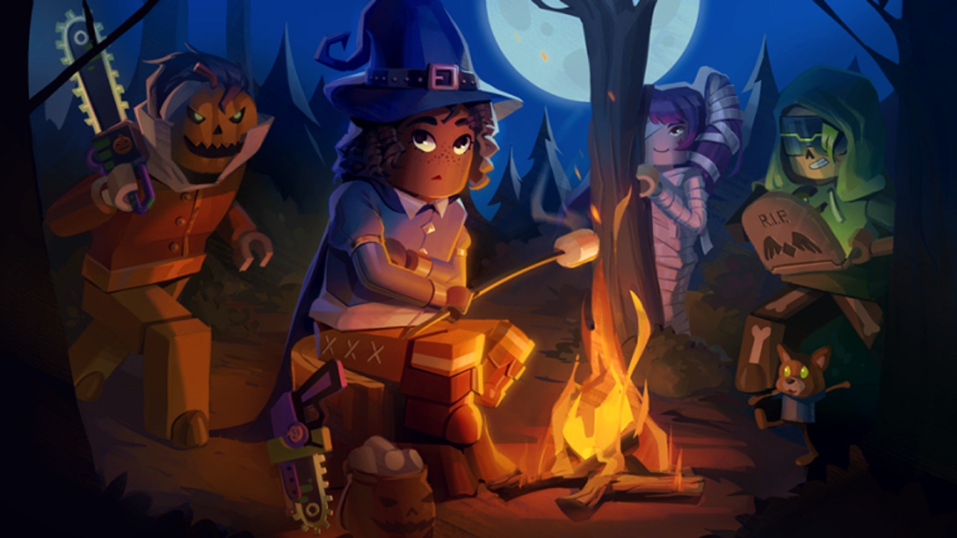 A stylised cartoon of a Roblox character dressed as a witch, roasting a marshmallow over a campfire in the woods, being menaced by a mummy, a hooded figure, and a chainsaw-wielding scarecrow.