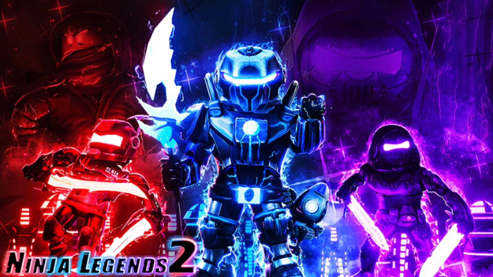 Three Roblox ninja mechs against a red, blue, and pinkish-purple background.