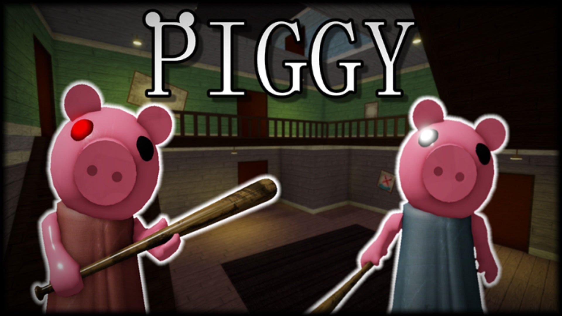A pair of anthropomorphic pigs armed with baseball bats stand threateningly in an ordinary house. Text in image reads "Piggy".