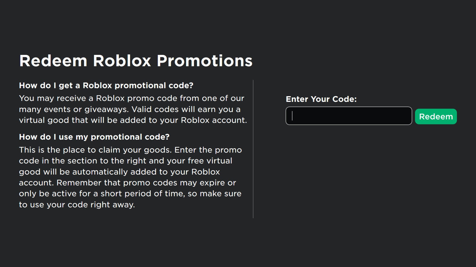 Uma captura de tela da página de códigos promocionais do Roblox, onde você pode inserir códigos para resgatá-los por itens gratuitos.