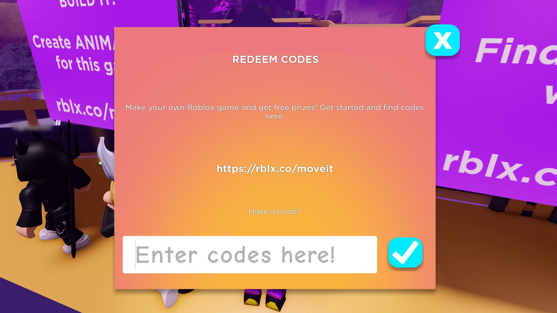 A screenshot of part of the process of redeeming a Roblox promo code in the Island Of Move.
