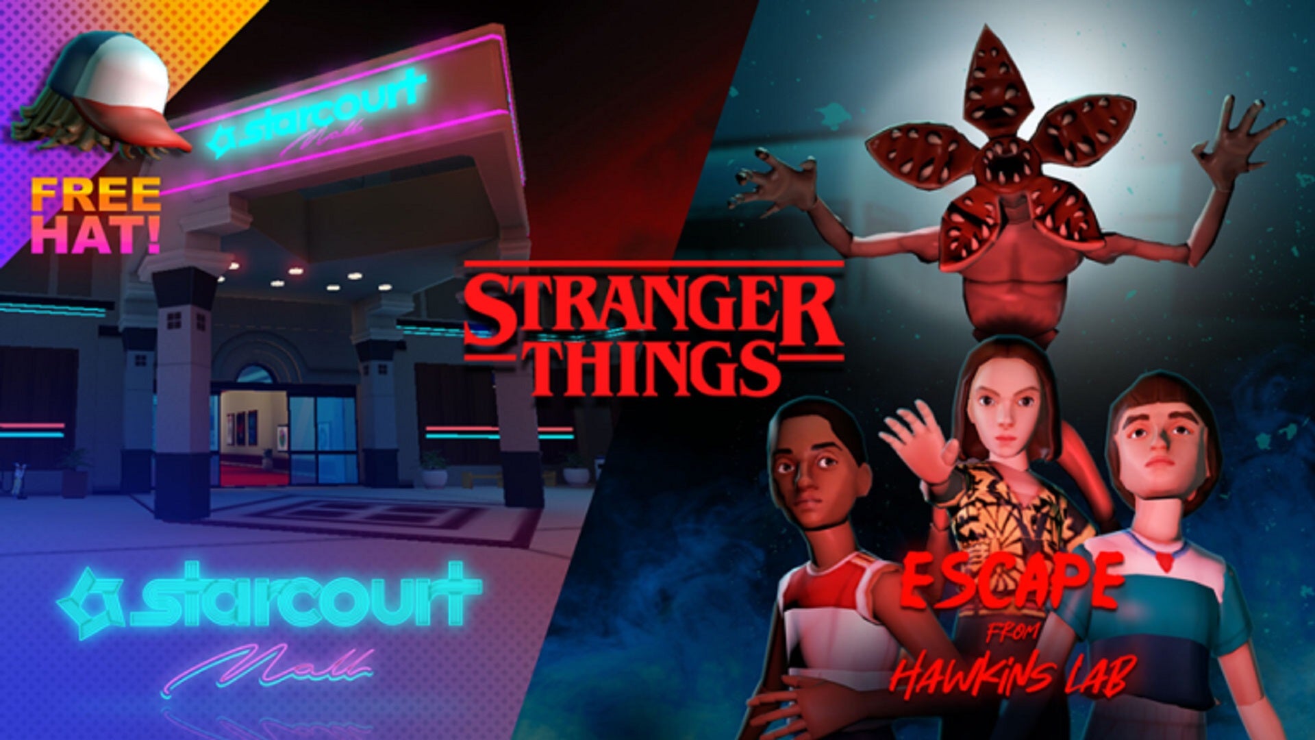 A split image: on the left, the entrance to Starcourt Mall; on the right, a Demogorgon menacing characters Eleven, Lucas, and Will. Text in image reads "Stranger Things: Escape from Hawkins Lab".