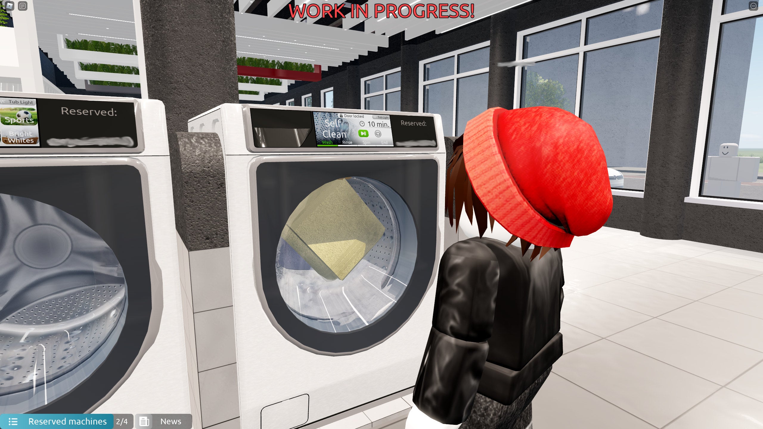 Someone washing towels on a self-clean cycle in the Roblox game Washware.