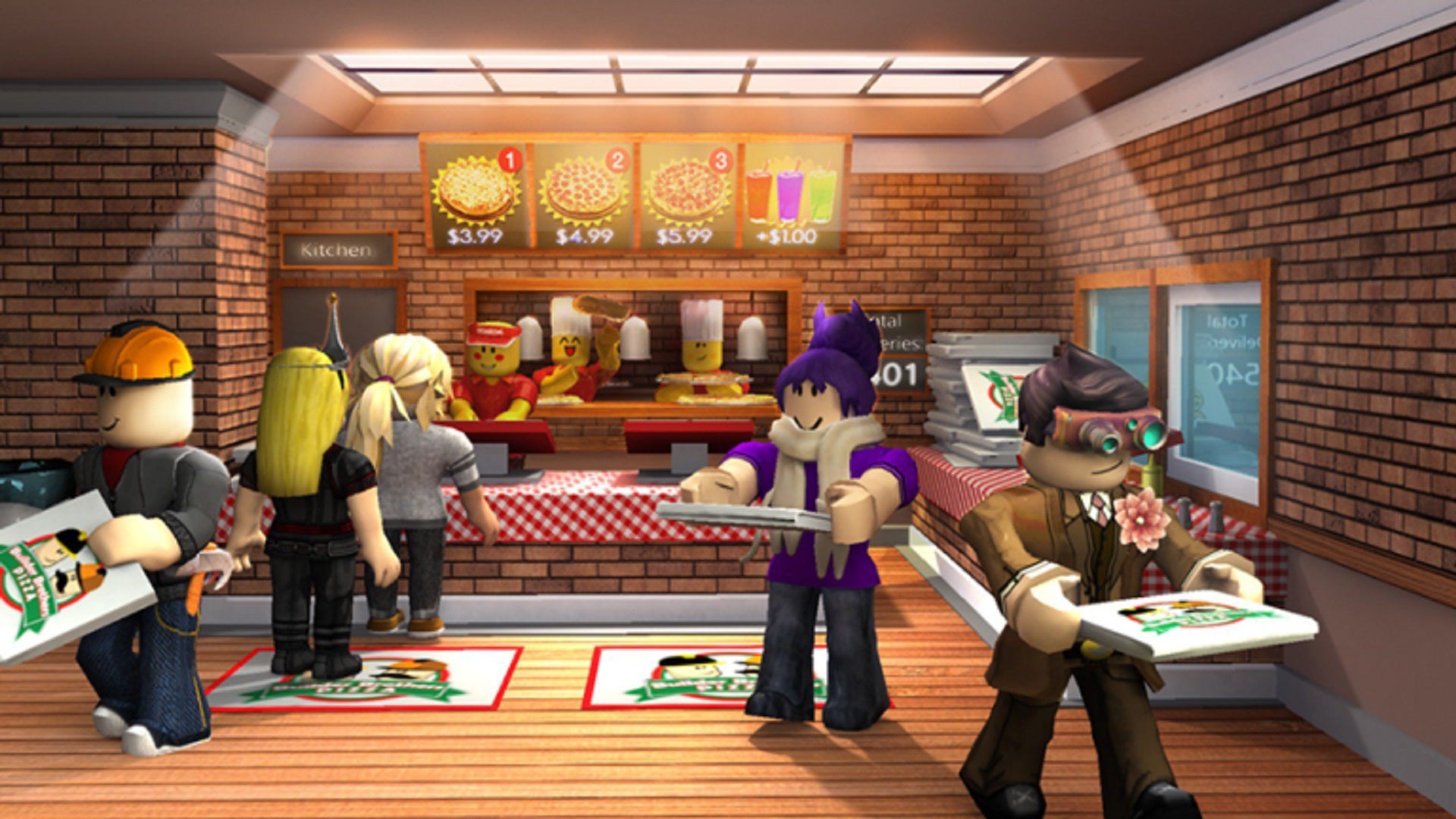 A line of customers collecting takeout from a Roblox pizza parlour. The kitchen and counter staff are in the background.