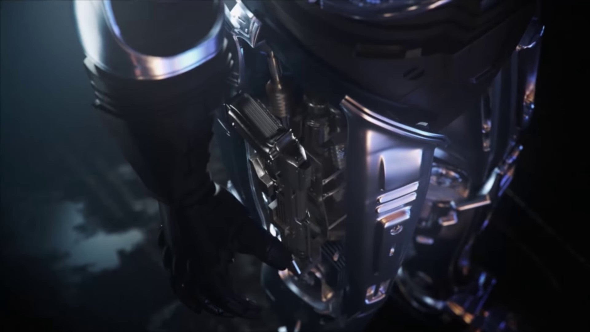 A close up of Robocop's leg gun in Robocop Rogue City