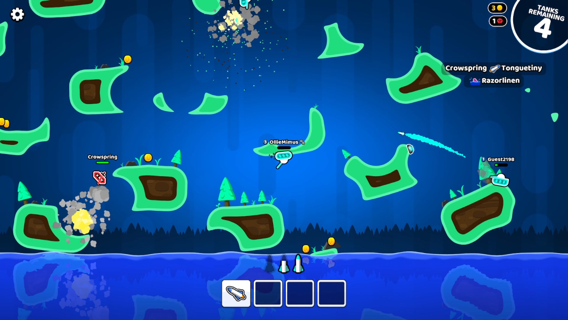 O jogador em Rocket Bot Royale se esconde na parte de baixo de um terreno perto da água para evitar um foguete de um inimigo à direita.