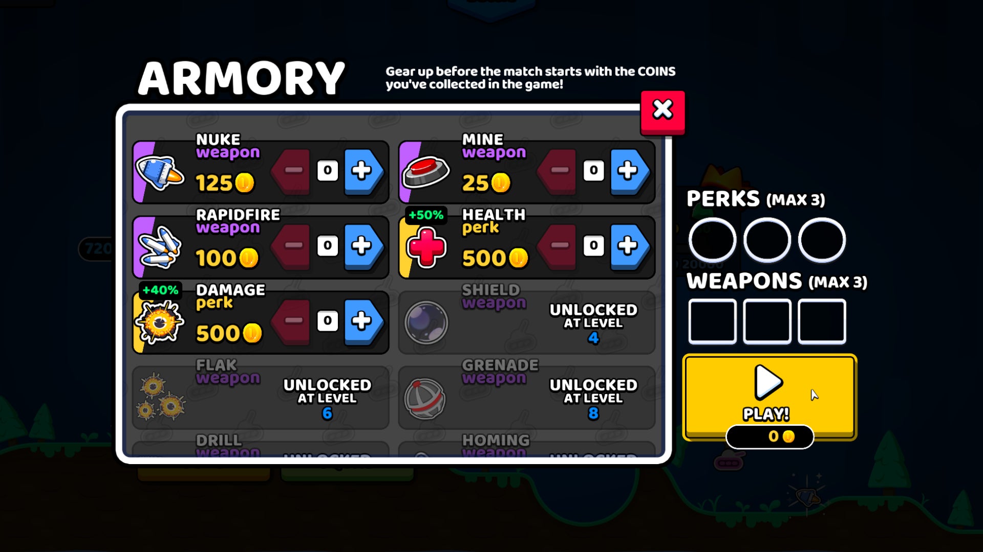 The armory screen of Rocket Bot Royale, showing which weapons and perks can be purchased for the upcoming match.