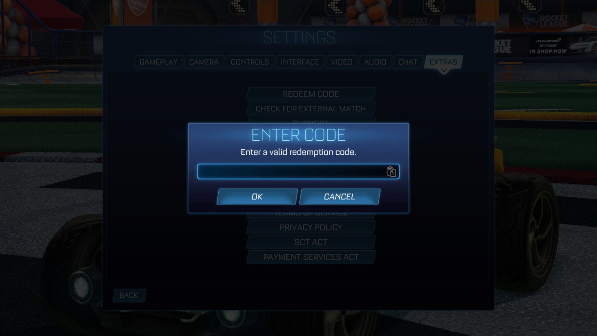 Uma captura de tela do menu de configurações da Rocket League, onde você pode ir para resgatar os códigos da Rocket League.