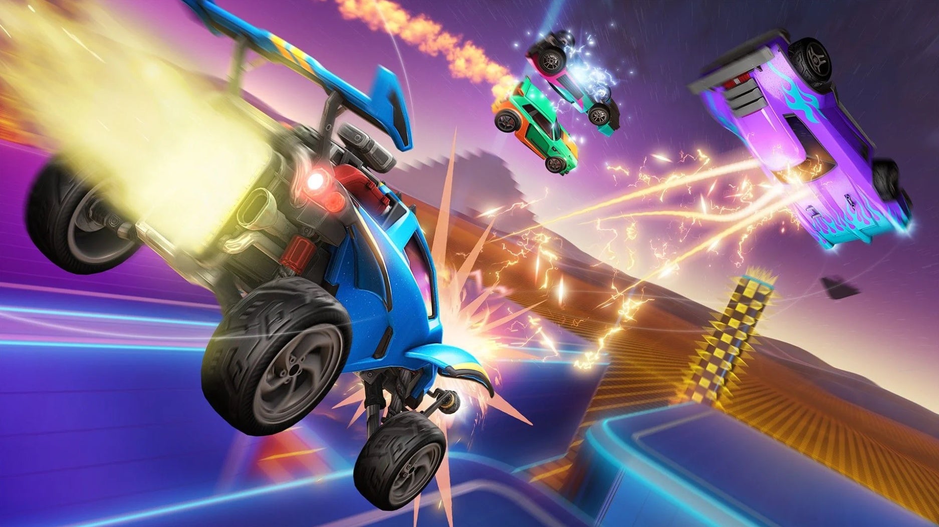 A promo image for Rocket League's time-limited Knockout Bash game mode, which is like battle royale with cars.