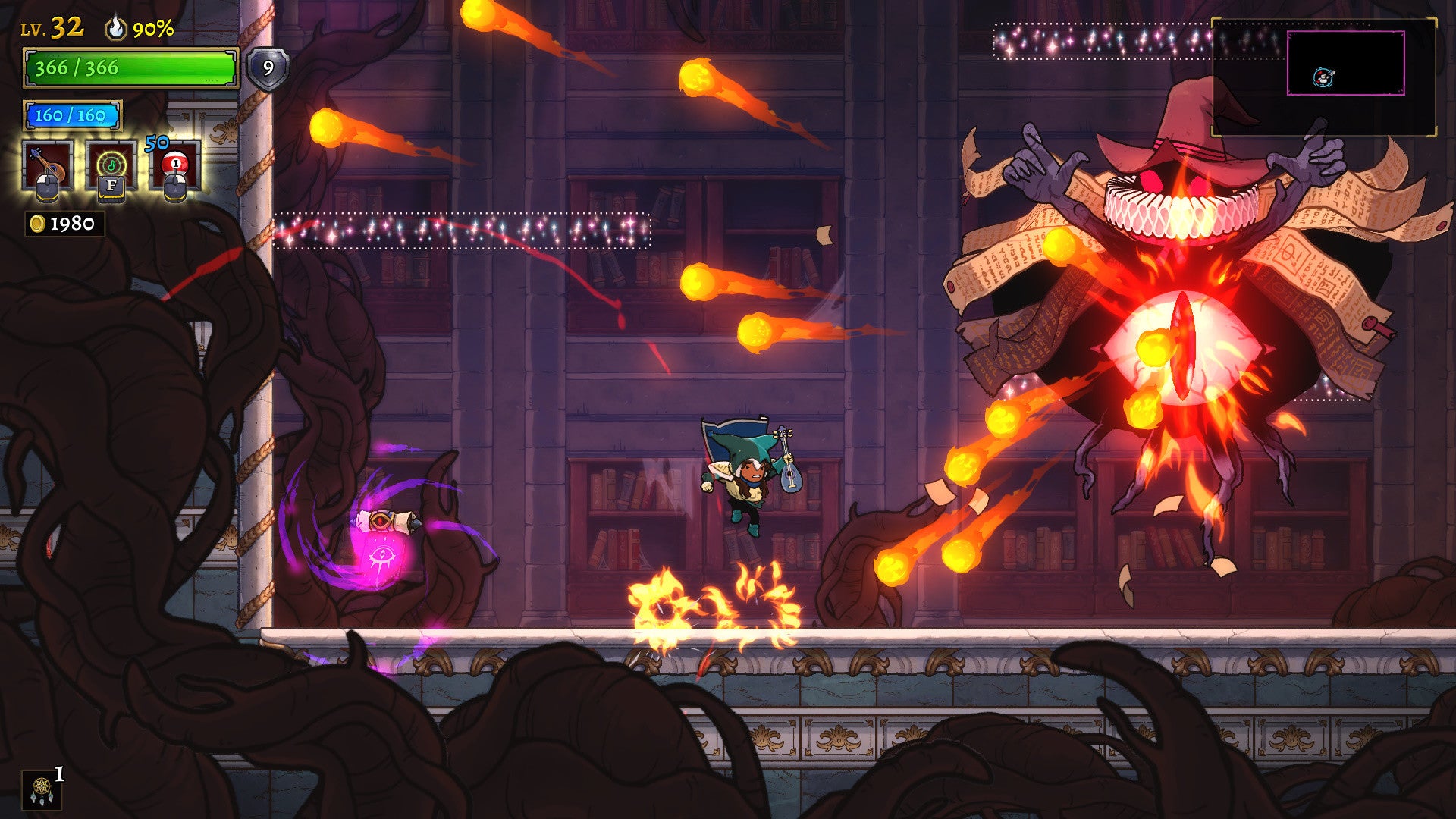 The player dodges fireballs from a big wizard boss in Rogue Legacy 2.